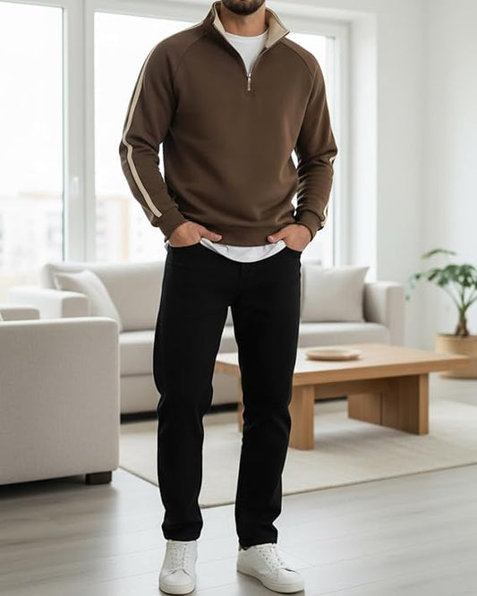 Men's Quarter Zip Neck Brown Pullover Sweater with Contrast Stripe, Long Sleeve Athletic Casual Winter Wear