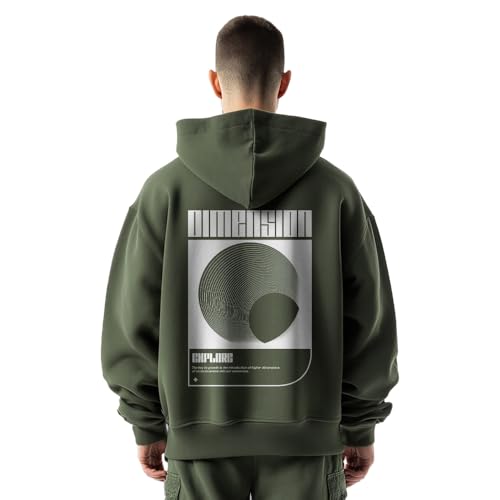 NOBERO Men's Cotton Neck Hooded Oversized Fit Sweatshirt (1M-TWRH-C0737_Olive Green_Small)