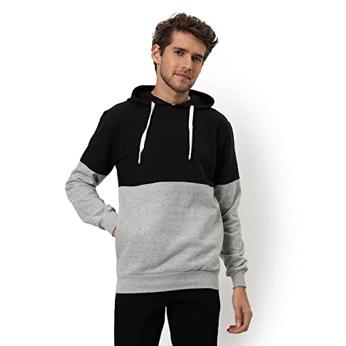 Men's Color Blocked Navy Blue Grey Melange Hooded Sweatshirt