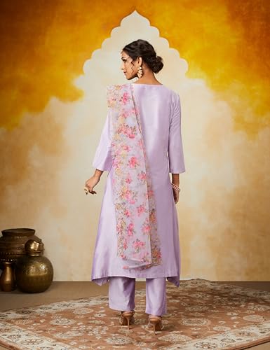 Amazon Brand - Myx Women's Kurta Pant Set with Embroidered Organza Dupatta | Viscose,Rayon | A-line fit (AW24-MYX-SKD-VN-06_Lilac_L)