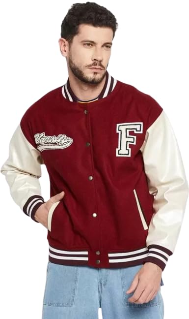 Men's Printed Maroon Varsity Jacket - Stylish Winterwear Jacket for Men