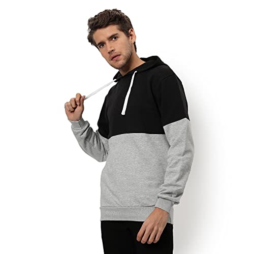 Men's Color Blocked Navy Blue Grey Melange Hooded Sweatshirt