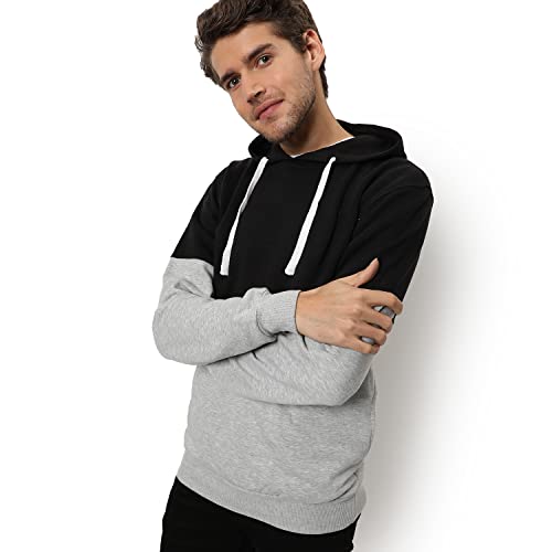 Men's Color Blocked Navy Blue Grey Melange Hooded Sweatshirt