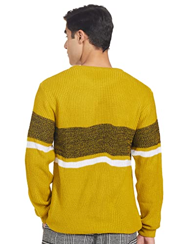 Men's Acrylic Full Sleeves Placement Stripe Run Pullover Mustard Sweater - Stylish Casual Urban Winter Wear