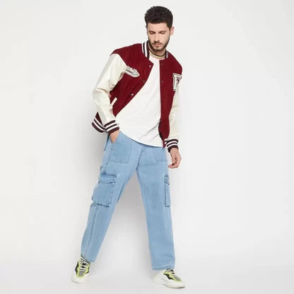 Men's Printed Maroon Varsity Jacket - Stylish Winterwear Jacket for Men