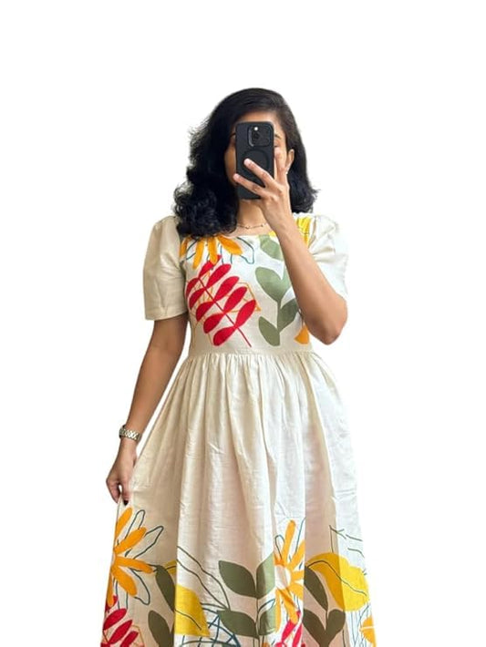 ROYALICA Women's Pure Cotton Maxi Midi Dress – Elegant Floral Printed Long Dress | Soft & Breathable Fabric | Casual (in, Alpha, M, White)