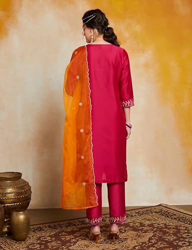 Myx Women's Embroidered Fuschia Kurta Set with Organza Dupatta