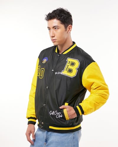 Men's Color Block Black Stand Collar Neck Long Sleeve Oversized Fit Varsity Jacket