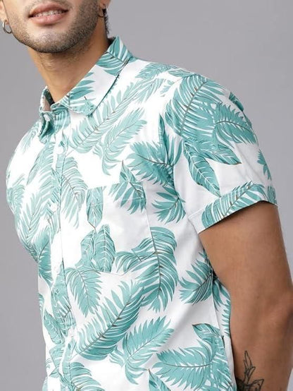 Men’s White & Light Green Cotton Printed Casual Shirt – Half Sleeves, Regular Collar, Stylish Daily Wear Shirt