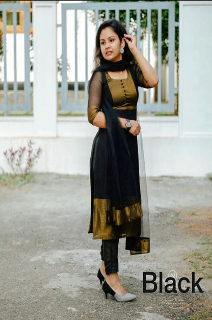 Premium Jacquard Chiffon Black Kurti Pant Dupatta Set