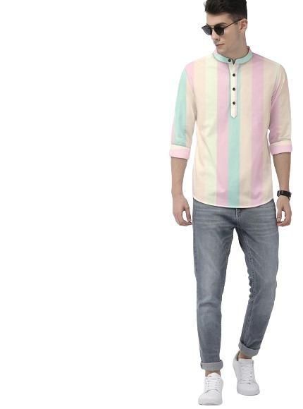Men’s Multicolor Color Block Cotton Casual Shirt – Full Sleeves with Mandarin Spread Collar for Festive & Streetwear