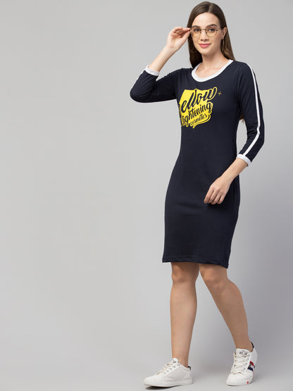 Women's Cotton Black Graphic Print Short Sleeves T-Shirt Dress