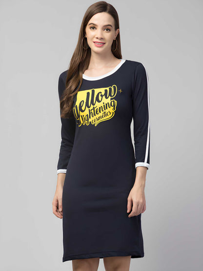 Women's Cotton Black Graphic Print Short Sleeves T-Shirt Dress