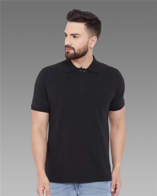 Men’s Black Cotton-Blend Solid Polo T-Shirt – Half Sleeves, Regular Fit