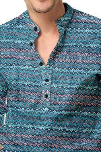 Men’s Blue Printed Cotton Casual Shirt – Mandarin Spread Collar Full Sleeve Festive & Everyday Wear