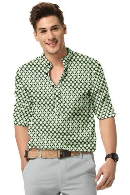 Men’s Green & Cream Printed Cotton Casual Shirt – Full Sleeves, Spread Collar, Festive & Everyday Wear