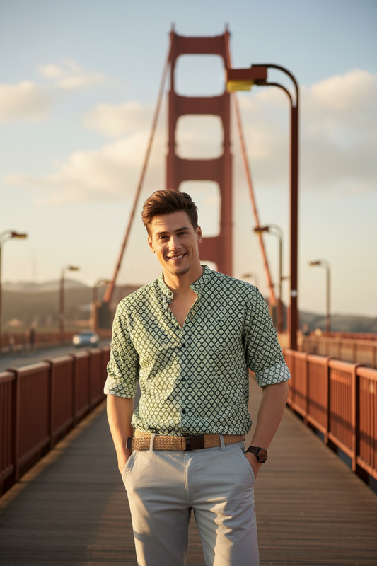 Men’s Green & Cream Printed Cotton Casual Shirt – Full Sleeves, Spread Collar, Festive & Everyday Wear