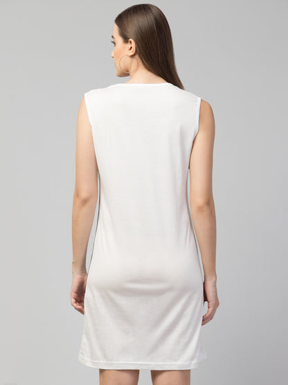Women's Cotton White Graphic Print Short Sleeveless T-Shirt Dress – Casual Summer Outfit