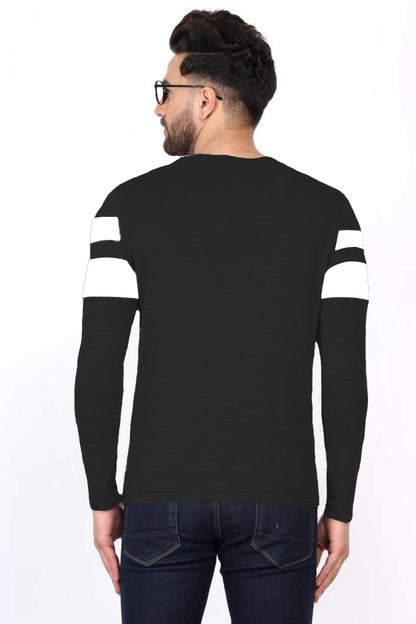 Men’s Black Cotton Blend Full Sleeves T-Shirt with White Stripes – Casual & Streetwear Essentialirt