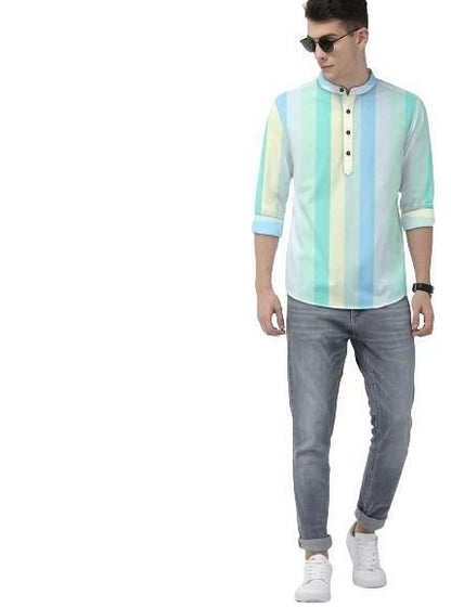 Men’s Multicolor Cotton Color Block Shirt – Full Sleeves, Mandarin Spread Collar, Casual & Festive Wear