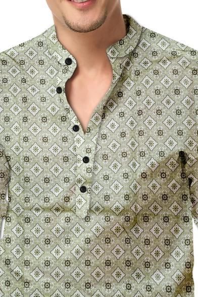 Men’s Green Printed Cotton Shirt – Full Sleeves, Mandarin Spread Collar, Casual & Festive Wear