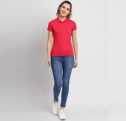 Women Ketex Red Cotton Blend Polo Neck T-Shirt