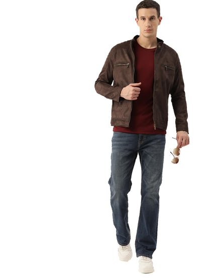 Men's Coffee Brown Suede Leather Standard Length Jacket - Stylish Casual Winterwear