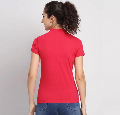 Women Ketex Red Cotton Blend Polo Neck T-Shirt