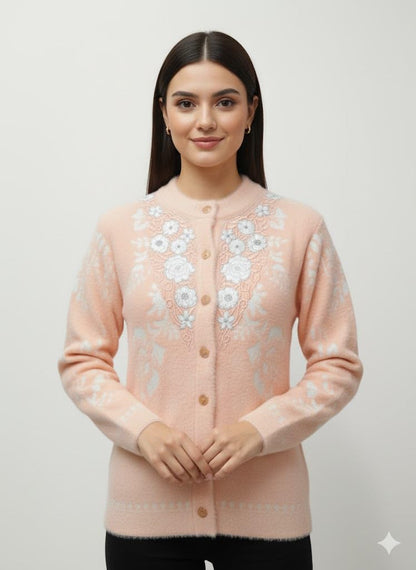 Women's Woolen Round Neck Peach Cardigan Sweater - Stylish Pure Wool Winter Wear