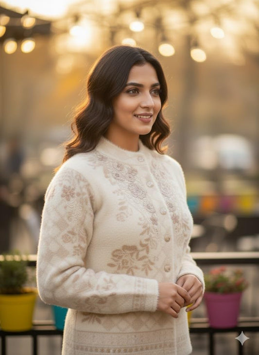 Women's Woolen Round Neck White Cardigan Sweater - Stylish Pure Wool