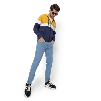 Men's Yellow & Blue Colour Blocked Regular Fit Full Zipper Sweatshirt with Hoodie for Winter Wear | Full Sleeve | Cotton Sweatshirt | Casual Sweatshirt for Men | Stylish Sweatshirt for Man