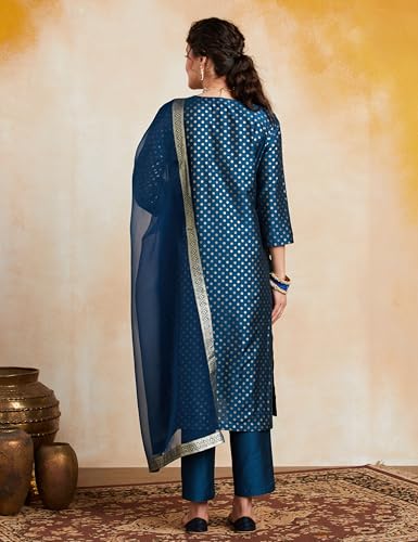 Myx Women's Embroidered Teal Kurta Set with Organza Dupatta