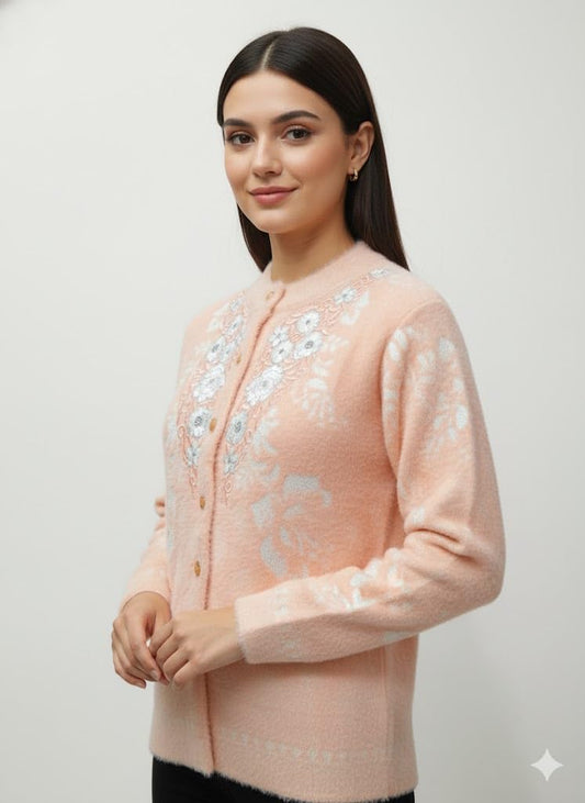 Women's Woolen Round Neck Peach Cardigan Sweater - Stylish Pure Wool Winter Wear