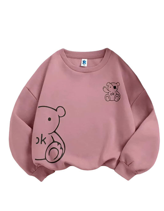 Women’s Printed Round Neck Onion Pink Sweatshirt - Cartoon Bear Print Soft Cotton Fleece Pullover | Warm Long Sleeve Winter Wear Top - Casual Streetwear Style