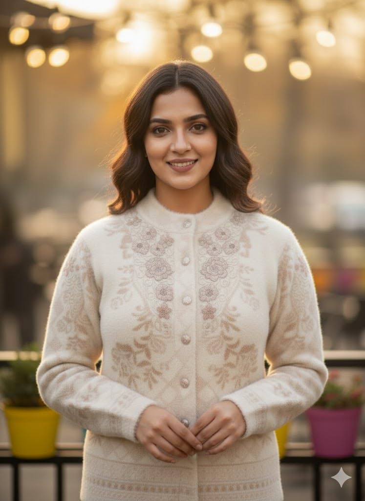 Women's Woolen Round Neck White Cardigan Sweater - Stylish Pure Wool