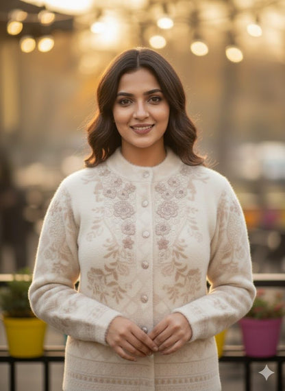 Women's Woolen Round Neck White Cardigan Sweater - Stylish Pure Wool