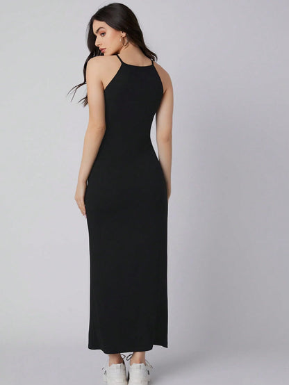 Women Black Solid Halter Neck Bodycon Midi Dress