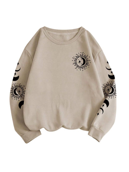 Women's Comfort Fit Sun & Moon Print Beige Sweatshirt - Stylish Casual Winter Wear
