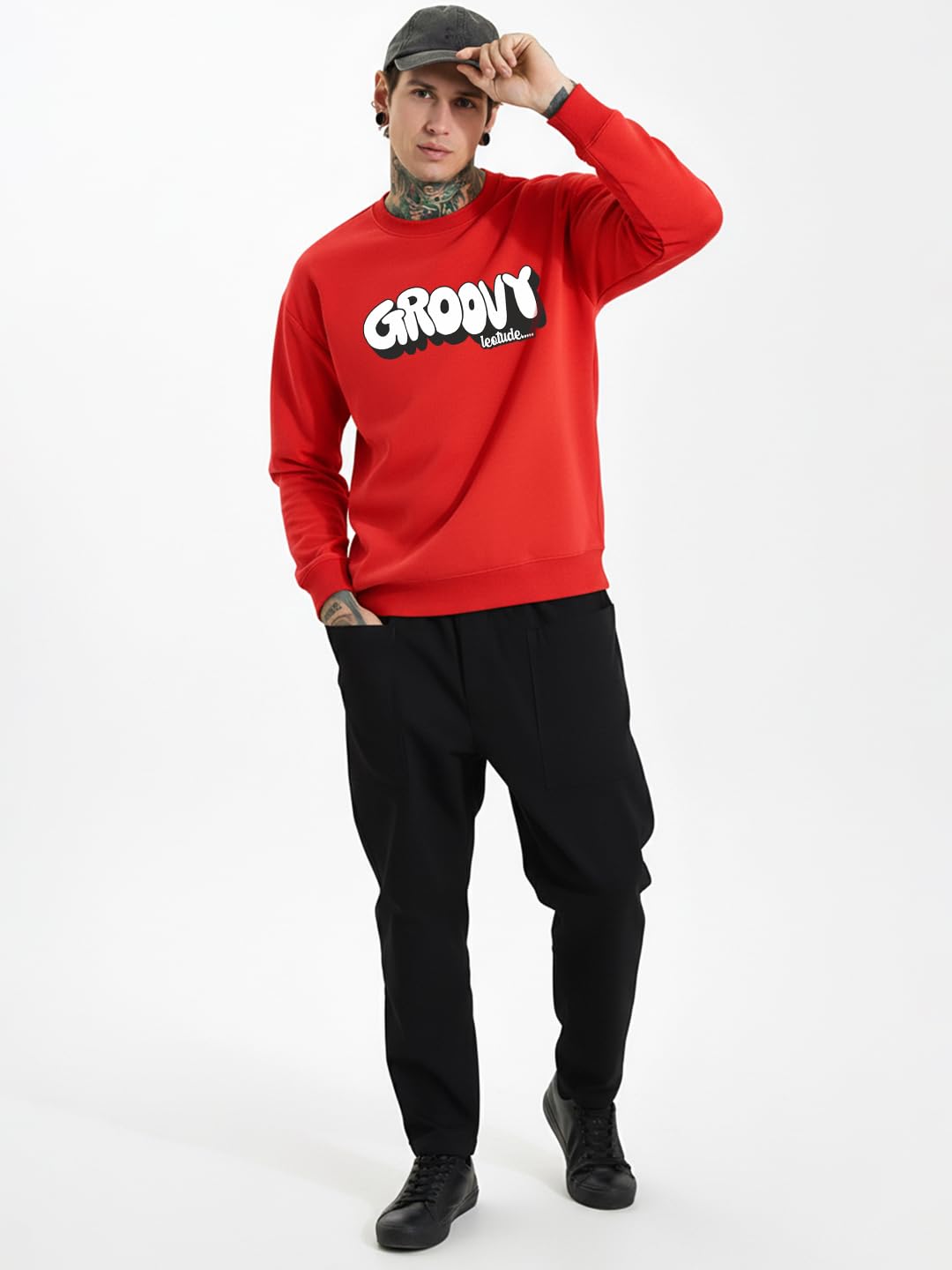 Men's Style Cool Casual Long Sleeve Round Neck Red Pullover Sweatshirt - Printed Stylish Winter Wear