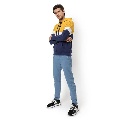 Men's Yellow & Blue Colour Blocked Regular Fit Full Zipper Sweatshirt with Hoodie for Winter Wear | Full Sleeve | Cotton Sweatshirt | Casual Sweatshirt for Men | Stylish Sweatshirt for Man