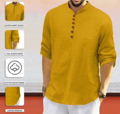 ROYALSCOUT Men's Cotton Polyester Blend Solid Regular Fit Full Sleeve Short Kurta Gold