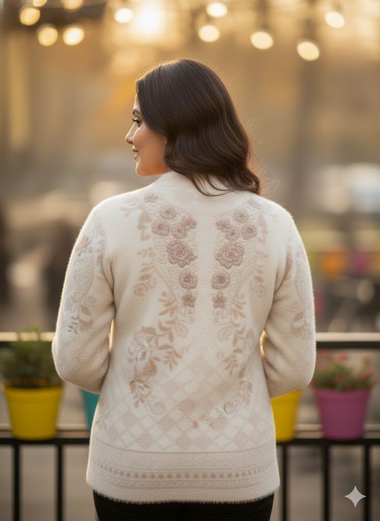 Women's Woolen Round Neck White Cardigan Sweater - Stylish Pure Wool