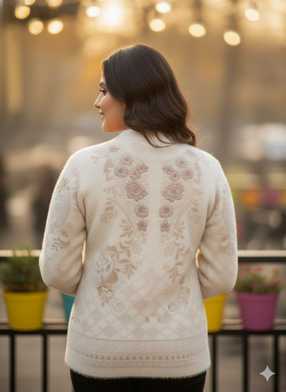 Women's Woolen Round Neck White Cardigan Sweater - Stylish Pure Wool