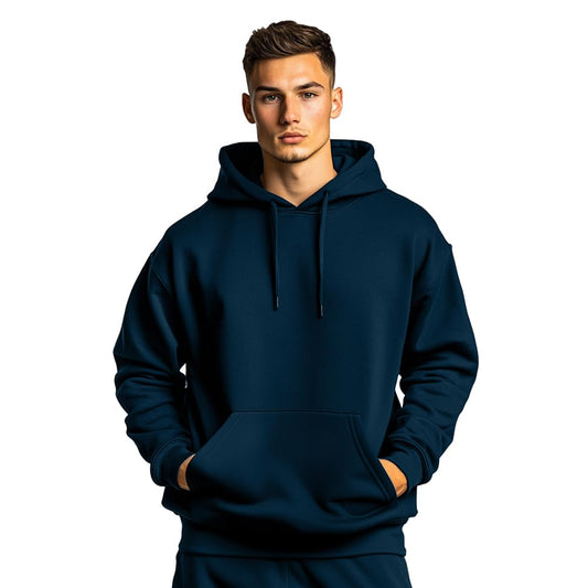 NOBERO Men's Oversized Fit Cotton Neck Hooded Sweatshirt (1M-TWRH-C0737_Navy Blue 4_Small)