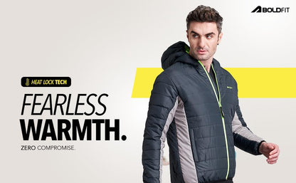 Men's Quilted Polyester Black Charcoal Padded Hooded Bomber Jacket | Monsoon Jacket for Men | Winter Jacket