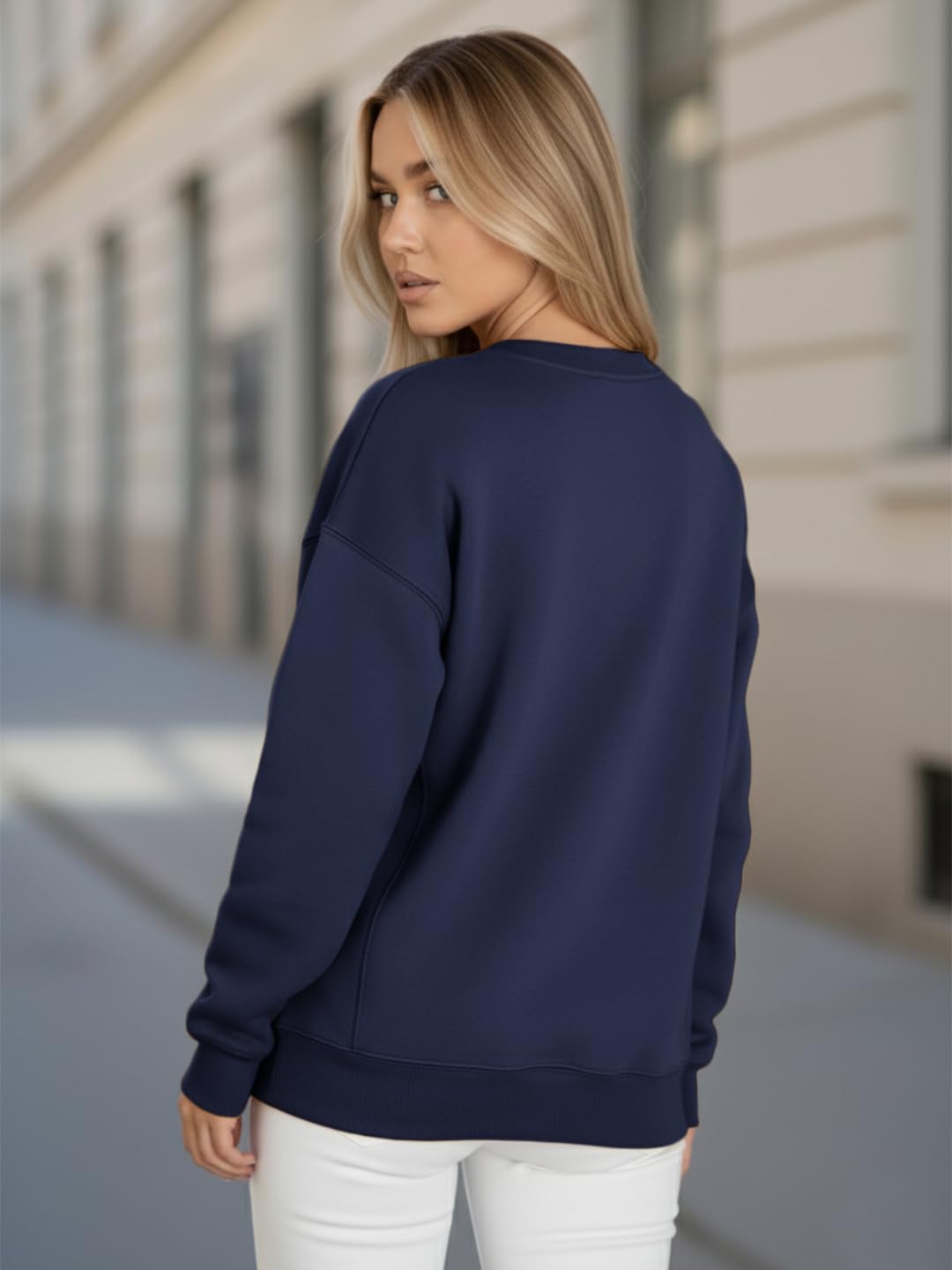 Women's Loop Knit Round Neck Loose Fit Full Sleeve Navy Sweatshirt