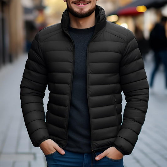 Men's Regular Fit Black Puffer Bomber Jacket - Stylish Casual Biker Winter Jacket