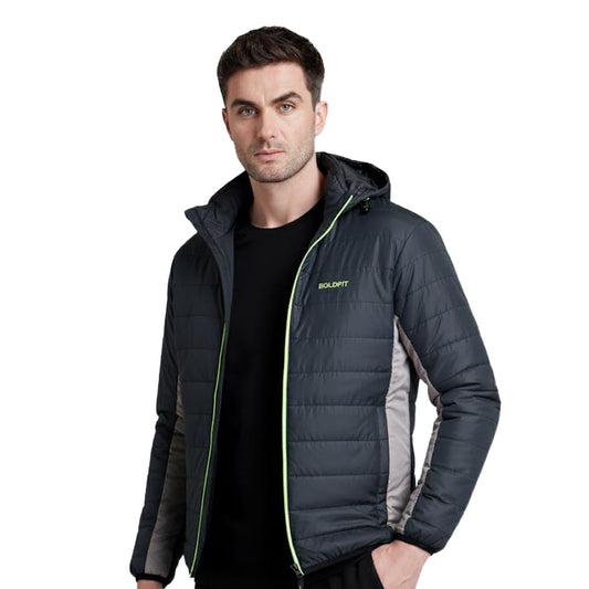 Men's Quilted Polyester Black Charcoal Padded Hooded Bomber Jacket | Monsoon Jacket for Men | Winter Jacket