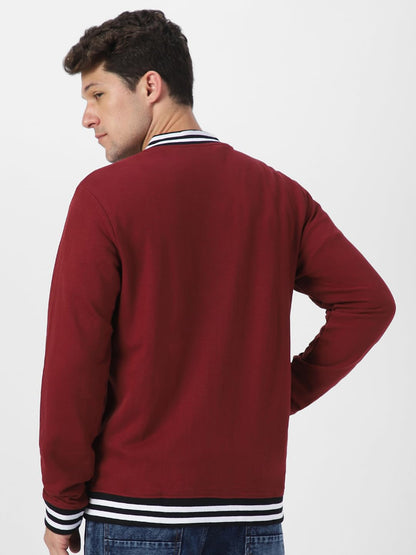 Men's Maroon Cotton Zippered Varsity Sweatshirt Jacket - Stylish Casual Streetstyle Winterwear
