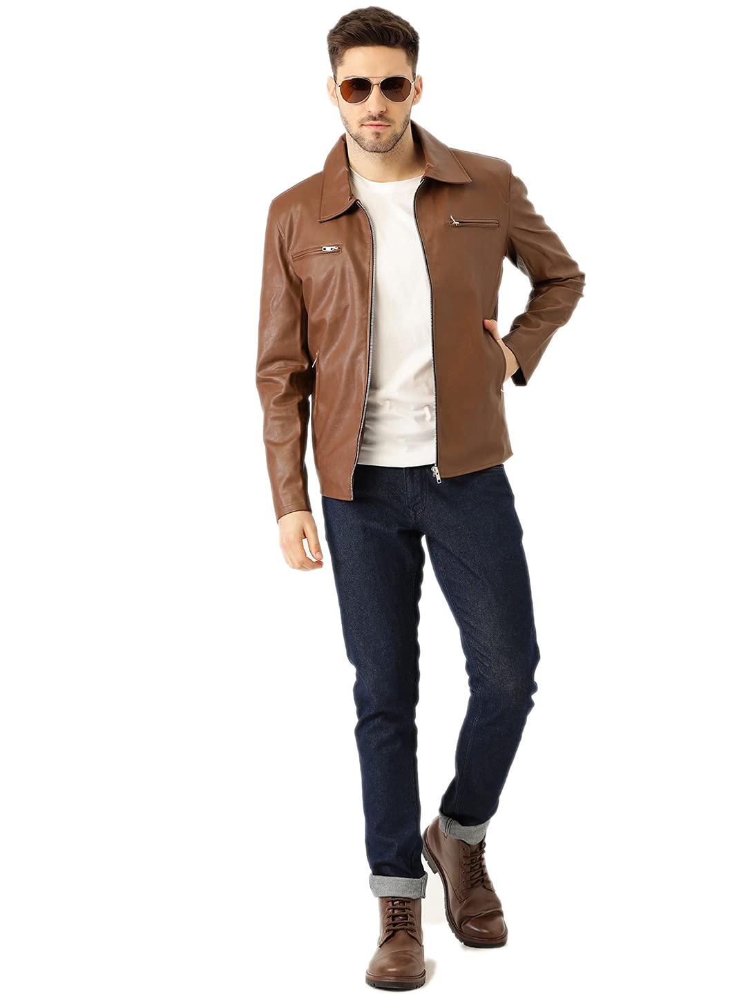 Men's Faux Leather Brown Solid Casual Jacket - Stylish Winter Jacket
